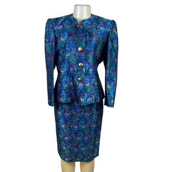 Vintage Guy Laroche Turquoise Satin Skirt & Jacket Set With Floral Print  Sz W14 - Picture 1 of 13
